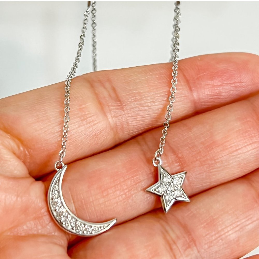 Crescent Moon & Star Drop Earrings, Night Sky Drop Earrings, Bridesmaid Jewelry - Picture 4 of 12